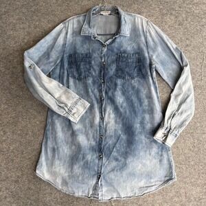 Dizzylissy Button Up Dress Womens Large Blue Chambray Tunic Long Sleeve Roll Tab